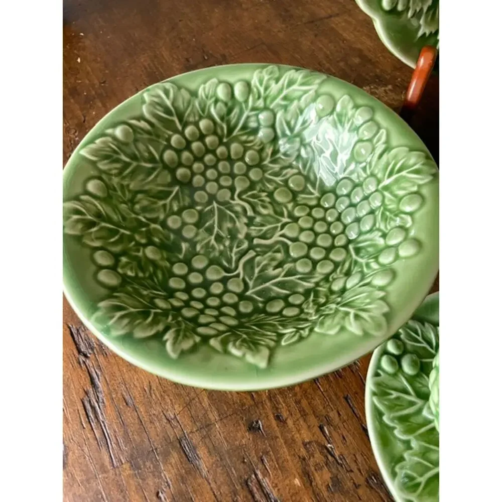 Vintage Style Green Grape Vine Majolica Relief Tea Set Serving Collection